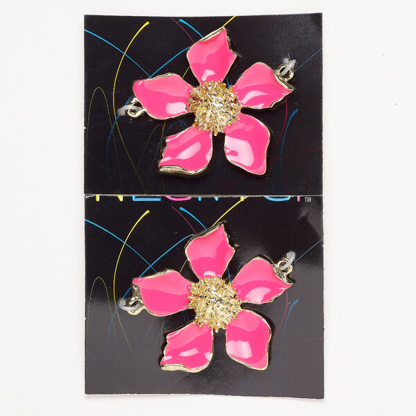 Focal 1pkg2, enamel and gold-finished brass, hot pink, 48x43mm single-sided flower. image number 0
