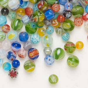 Bead mix 1pkg1, millefiori glass, opaque to transparent multicolored, 4-6mm round with 0.4-0.6mm hole. 2-ounce pkg, approximately 90-95 beads.