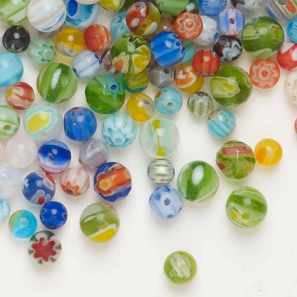 Bead mix 1pkg1, millefiori glass, opaque to transparent multicolored, 4-6mm round with 0.4-0.6mm hole. 2-ounce pkg, approximately 90-95 beads. image number 0