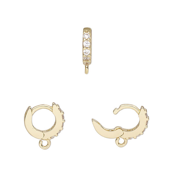 Hoop, gold-finished brass and cubic zirconia, clear, 11mm hoop, 18 gauge. Sold per pair. image number 0