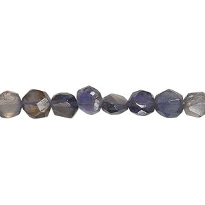 Iolite 1pkg1, hand-cut faceted puffed flat round bead 14 inch 5-7mm