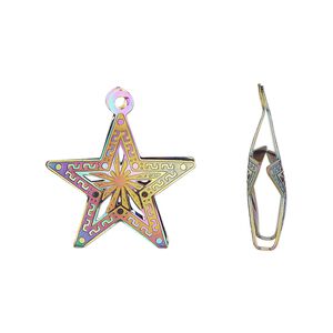 Charm, electro-coated stainless steel, nautical, 19.5x18mm double-sided domed star with textured cut-out nautical star design. Sold per pkg of 6.