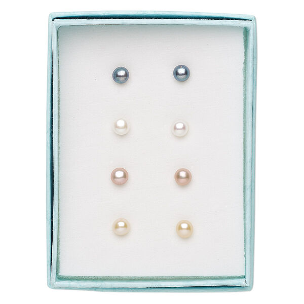 Earstud, cultured freshwater pearl (bleached / dyed) and stainless steel, assorted colors, 4.5-5mm button with post. Sold per pkg of 4 pairs. image number 0
