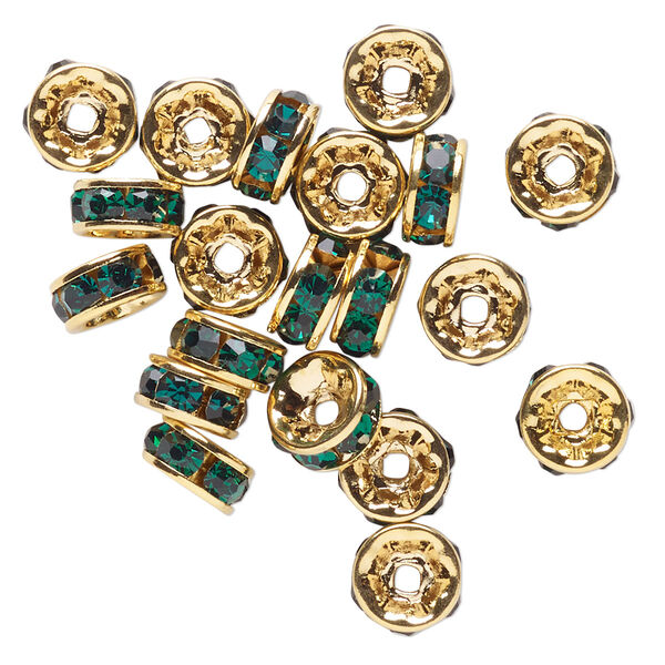 Bead, gold-finished aluminum and glass, green, 8x4mm rondelle. Sold per pkg of 20. image number 0
