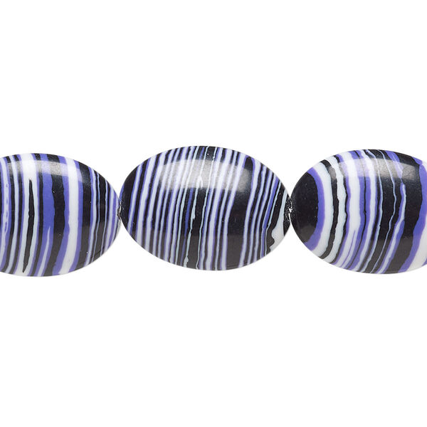 Bead, resin, black / white / purple, 18x13mm flat oval. Sold per 15" to 16" strand. image number 0