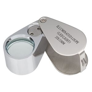 Loupe, 20x power with light, plastic / glass / stainless steel, black, 85x26mm (when open). Sold individually.