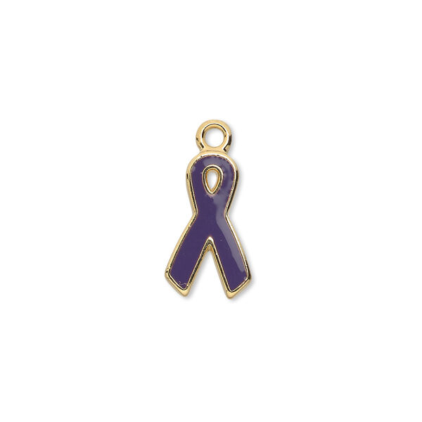 Charm, epoxy and gold-plated aluminum, purple, 15x9mm single-sided awareness ribbon. Sold per pkg of 6. image number 0
