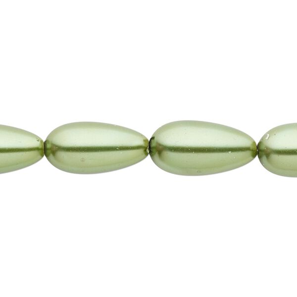 Bead, crystal pearl, medium green, 15x7mm-18x8mm teardrop. Sold per 15-1/2" to 16" strand, approximately 20 beads. image number 0