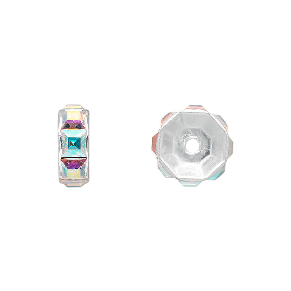 Bead 4pk crystal AB silver plate, Crystal Passions® 12x5mm rondelle 77812 image number 0