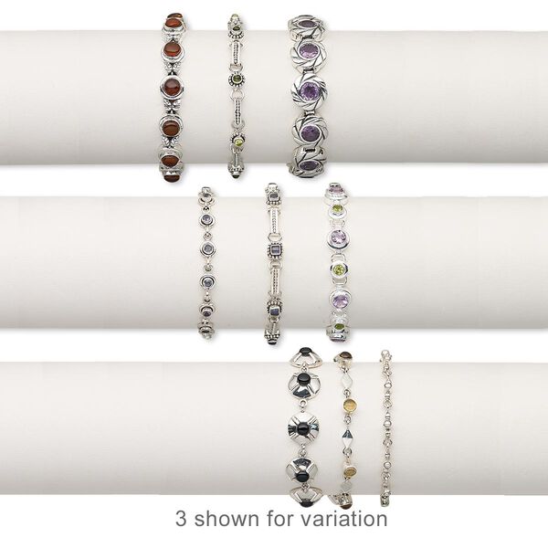 Bracelet mix, multi-gemstone (natural / dyed / man-made) and sterling silver, 5-13mm wide with mixed shape, 7 and 7-1/2 inches with mixed clasp. Sold per pkg of 3. image number 0