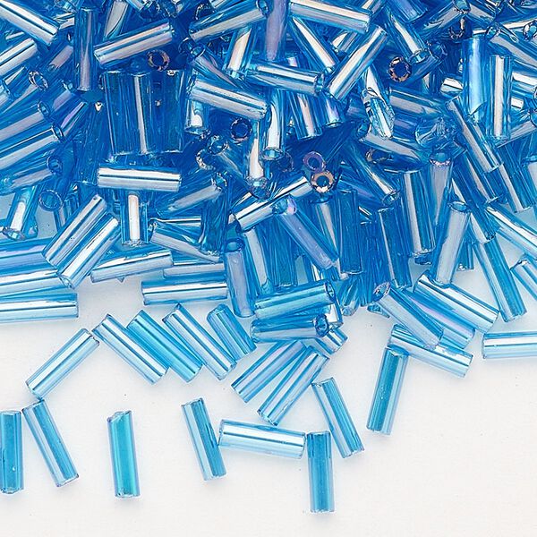 Bead, Preciosa Ornela Czech glass, bugle bead, pkg/50g, 1/4 inch, rainbow translucent sea blue, (61150). image number 0