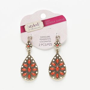 Focal, acrylic with antiqued gold-finished steel and "pewter" (zinc-based alloy), white and red, 60x28mm teardrop. Sold per pkg of 2.