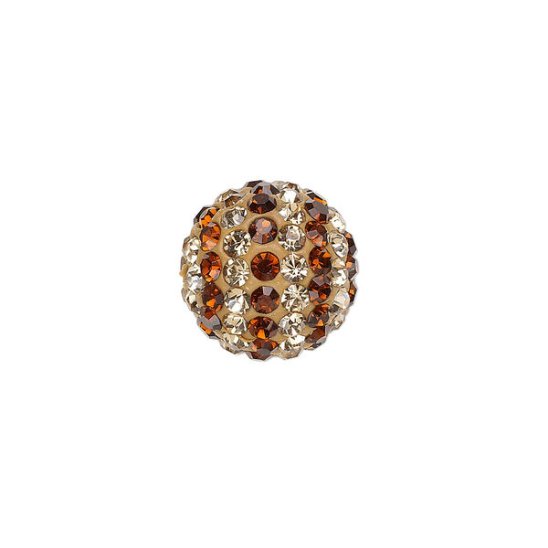 Bead, Egyptian glass rhinestone / epoxy / resin, brown and champagne, 14mm round with pavé striped design. Sold individually. image number 0