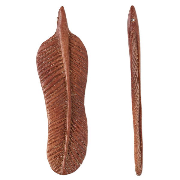 Focal, sawo wood, 41x13mm hand-cut side-drilled 2-sided carved feather. Sold individually. image number 0