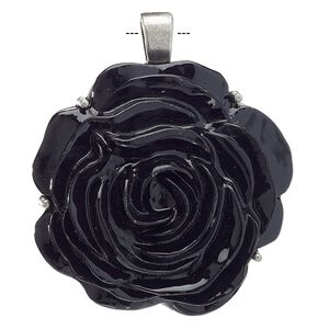 Pendant, acrylic and antiqued nickel-finished "pewter" (zinc-based alloy), black, 51x49mm rose. Sold individually.