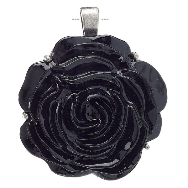 Pendant, acrylic and antiqued nickel-finished "pewter" (zinc-based alloy), black, 51x49mm rose. Sold individually. image number 0
