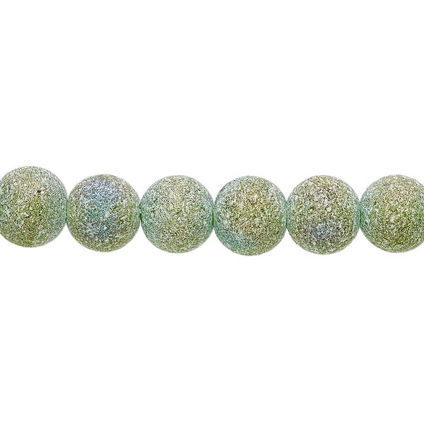 Bead, coated glass, opaque matte green AB, 7-8mm uneven round. Sold per 15-1/2" to 16" strand. image number 0