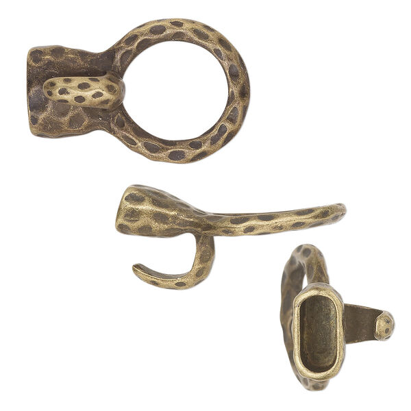 Clasp, hook, antique brass -finished "pewter" (zinc-based alloy), 33x22mm with 10x4.5mm glue-in cord end, hammered. Sold per pkg of 2. image number 0