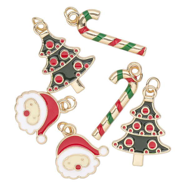 Charm assortment, gold-finished "pewter" (zinc-based alloy) and enamel, green / red / multicolored, Christmas shapes. Sold per pkg of 6. image number 0