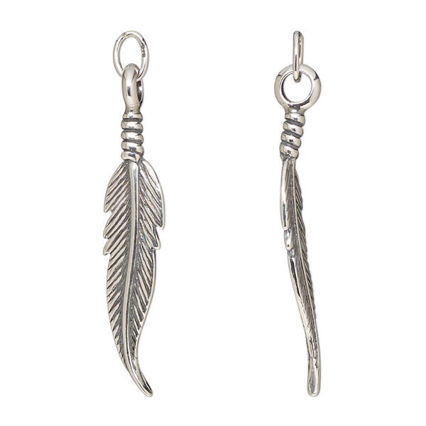 Focal, sterling silver, 30x7mm slim feather, double-sided. Sold per pkg of 2. image number 0