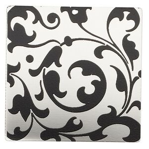 Focal, imitation rhodium-finished carbon steel, black, 40x40mm single-sided square with vine design. Sold per pkg of 2.