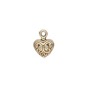 Charm, antique gold-finished "pewter" (zinc-based alloy), 11x10mm single-sided fancy puffed heart. Sold per pkg of 10.