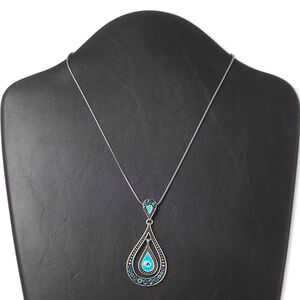 Necklace, Czech glass rhinestone / enamel / antique silver-plated "pewter" (zinc-based alloy), turquoise blue and blue, 62x29mm teardrop, 16 inches with 3-inch extender chain and lobster claw clasp. Sold individually.