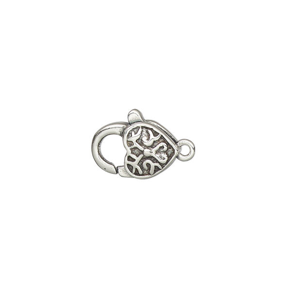 Clasp, lobster claw, antiqued sterling silver, 13.5x8.5mm double-sided with etched heart design. Sold individually. image number 0
