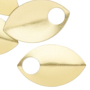 Component, anodized aluminum, gold, 36x22mm 2-sided curved scale blank with 8mm hole, 20 gauge. Sold per pkg of 20.