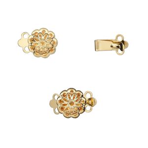 Clasp tab 1pkg10 gold-plated, 9mm filigree flower, brass 2-strand