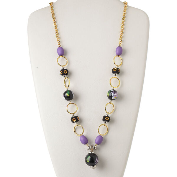 Necklace, polymer clay / acrylic / glass / painted wood / gold-finished steel / gold-coated plastic, multicolored, 23mm round with flower and leaf design, 27 inches with 1-1/2 inch extender chain and lobster claw clasp. Sold individually. image number 0