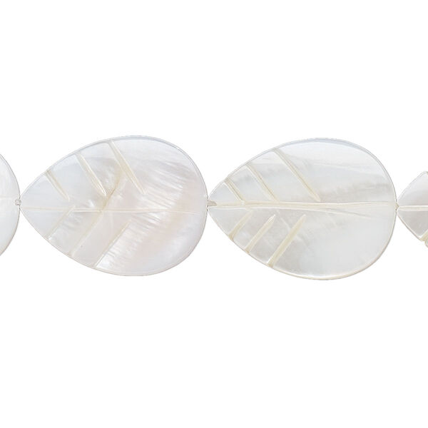 Bead, mother-of-pearl shell (bleached), white, 20x15mm carved leaf, Mohs hardness 3-1/2. Sold per 16-inch strand. image number 0