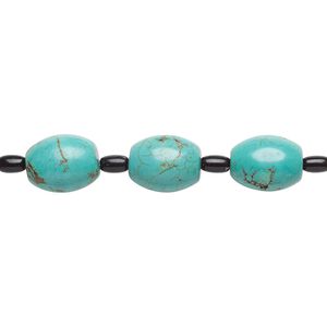 Bead mix, "turquoise" (imitation) resin and glass, dark teal and black, 6x4mm and 15x12mm barrel. Sold per pkg of 7.
