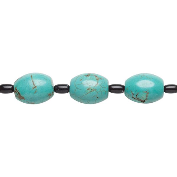Bead mix, "turquoise" (imitation) resin and glass, dark teal and black, 6x4mm and 15x12mm barrel. Sold per pkg of 7. image number 0