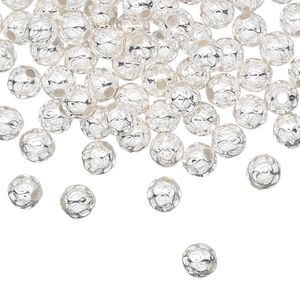 Bead, silver-plated brass, 5mm weave round. Sold per pkg of 100.