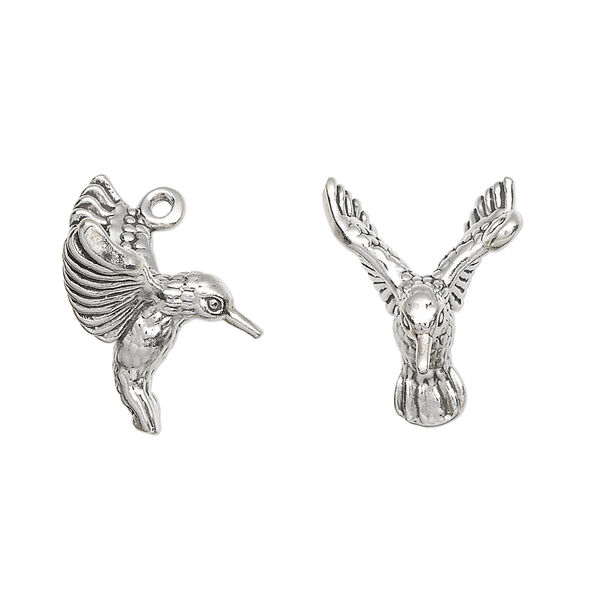 Charm, antiqued sterling silver, 18x16mm 3D hummingbird. Sold individually. image number 0