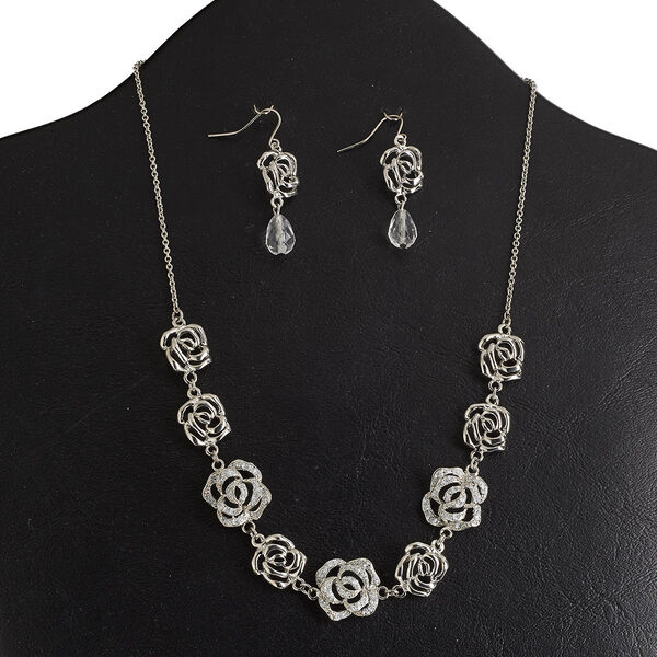 Necklace and earring set, epoxy / acrylic / rhodium-finished "pewter" (zinc-based alloy), white and clear with glitter, 17x17mm and 14x13mm rose, 18 inches with 3-inch extender chain and lobster claw clasp, 1-5/8 inch earrings with fishhook ear wire. Sold per set. image number 0