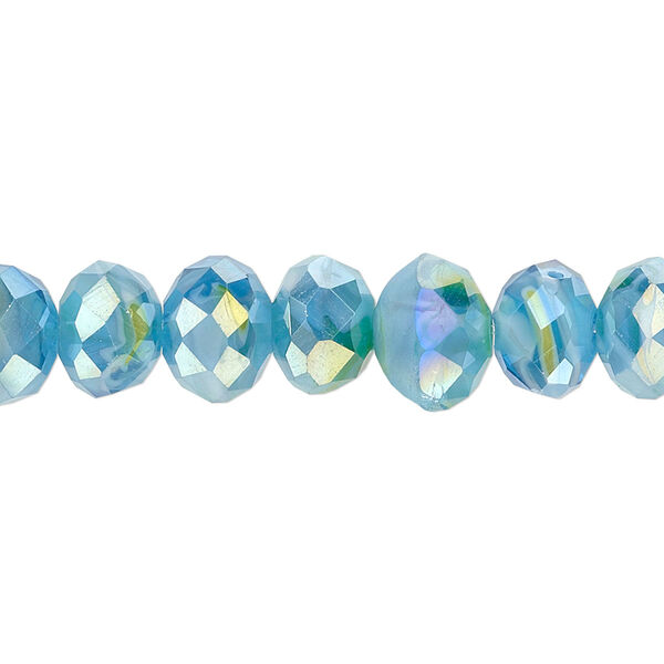 Bead, millefiori glass, opaque marbled aqua blue AB, 9x6mm faceted rondelle. Sold per 8-inch strand, approximately 30 beads. image number 0