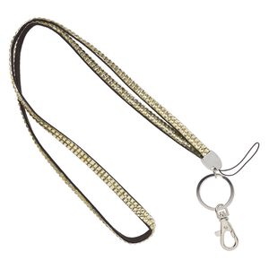Lanyard, faux suede / acrylic rhinestone / silver- / nickel-plated "pewter" (zinc-based alloy), yellow, 8mm wide, 34 inches with lobster claw clasp. Sold individually.