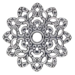 Focal, antique silver-plated steel, 47mm single-sided fancy flower with 6mm center hole. Sold per pkg of 6.