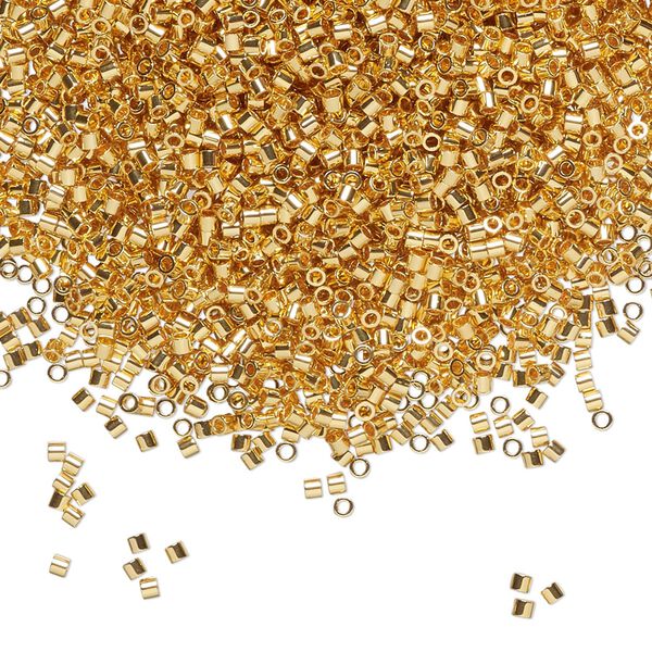 Seed bead, Delica®, glass, pkg/4g, #15 round, opaque 24Kt gold-plated (DBS-0031). image number 0