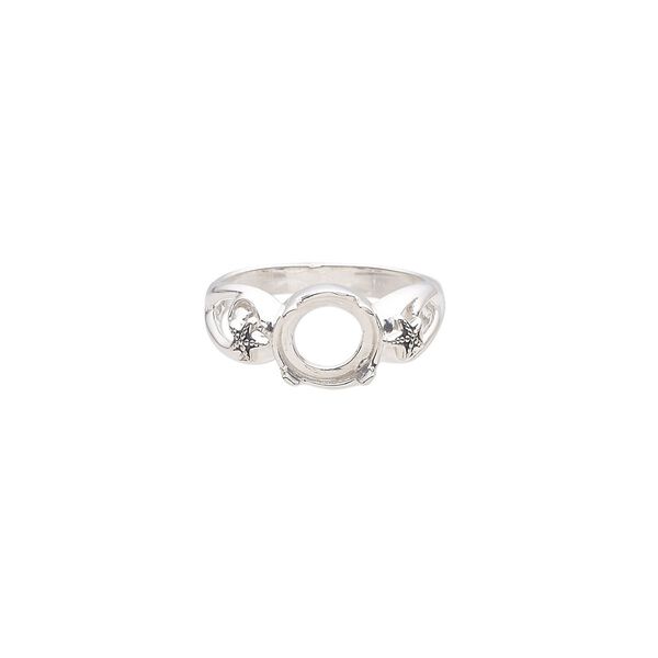 Ring, antiqued sterling silver, 9mm band with starfish design and open back with 8mm round cabochon 4-prong setting, size 7. Sold individually. image number 0