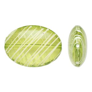 Bead, acrylic, semitransparent green and white, 33x24mm puffed oval with painted line design. Sold per pkg of 18.
