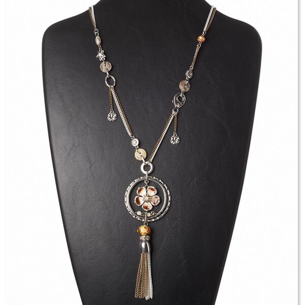 Necklace, mother-of-pearl shell (natural) / enamel / glass rhinestone / brass / antique brass-plated steel / antique silver-plated brass and "pewter" (zinc-based alloy), gold / brown / white, 5-inch dangle with circle and flower, 28 inches with lobster claw clasp. Sold individually. image number 0