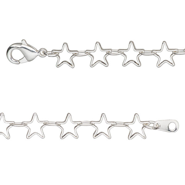 Chain, silver-plated brass, 6.5mm open star, 24 inches with lobster claw clasp. Sold individually. image number 0