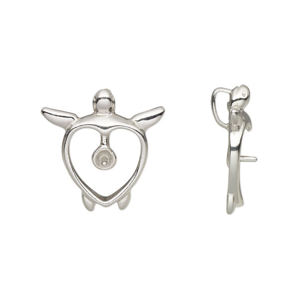Pendant, sterling silver, 18.5x18mm single-sided open turtle with 4mm cup and 3mm peg with hidden bail, fits up to 10mm bead. Sold individually. image number 0