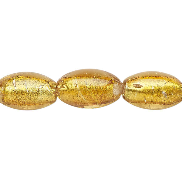 Bead, lampworked glass, light amber yellow with silver-colored foil, 15x9mm oval. Sold per 15-1/2" to 16" strand. image number 0