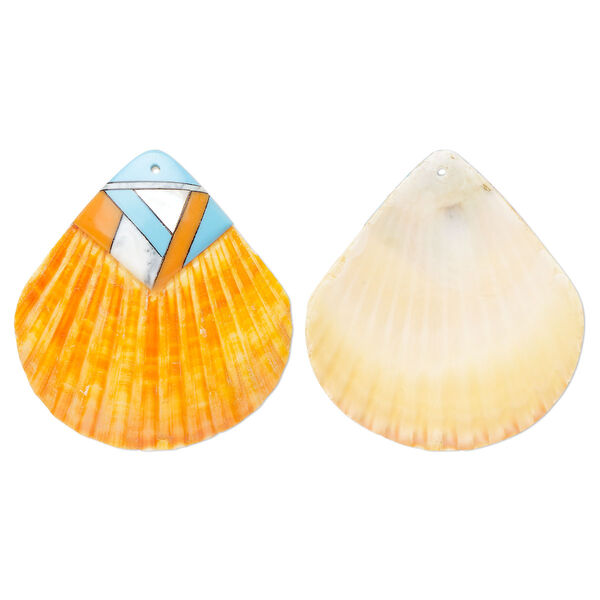 Focal, sea scallop shell / multi-shell / resin (dyed/assembled), orange / turquoise blue / multicolored, 53x50mm, Mohs hardness 3-1/2. Sold individually. image number 0