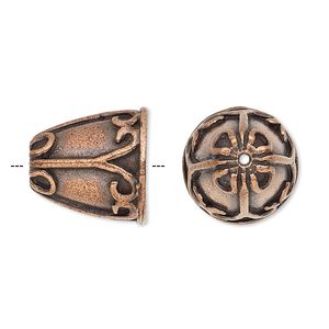 Cone, antique copper-plated pewter (tin-based alloy), 15.5x15.5mm with fancy design, fits 10.5mm bead. Sold per pkg of 2.