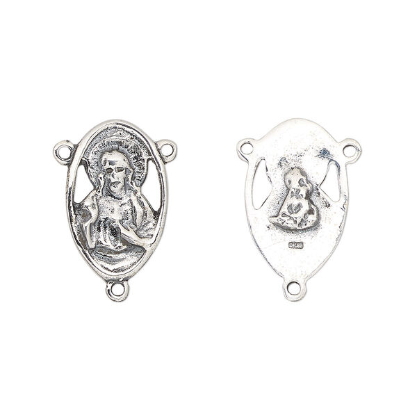 Connector, antiqued sterling silver, 17x11mm oval "Sacred Heart" rosary center. Sold individually. image number 0